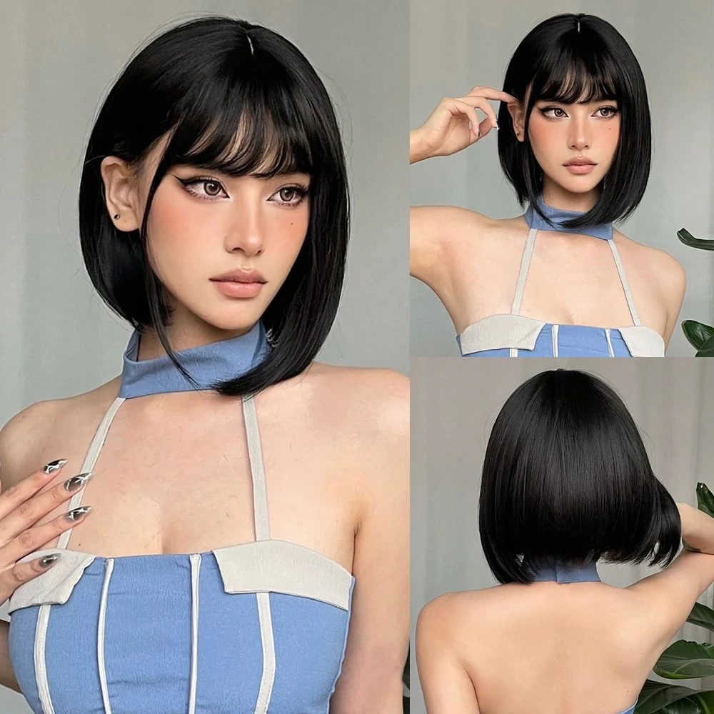 Color: #350, Stretched Length: 12inches - Bob Black Synthetic Wigs Straight Cosplay Short Daily Natural Looking Hair Wig with Bangs Heat Resistant Fiber for Women Afro