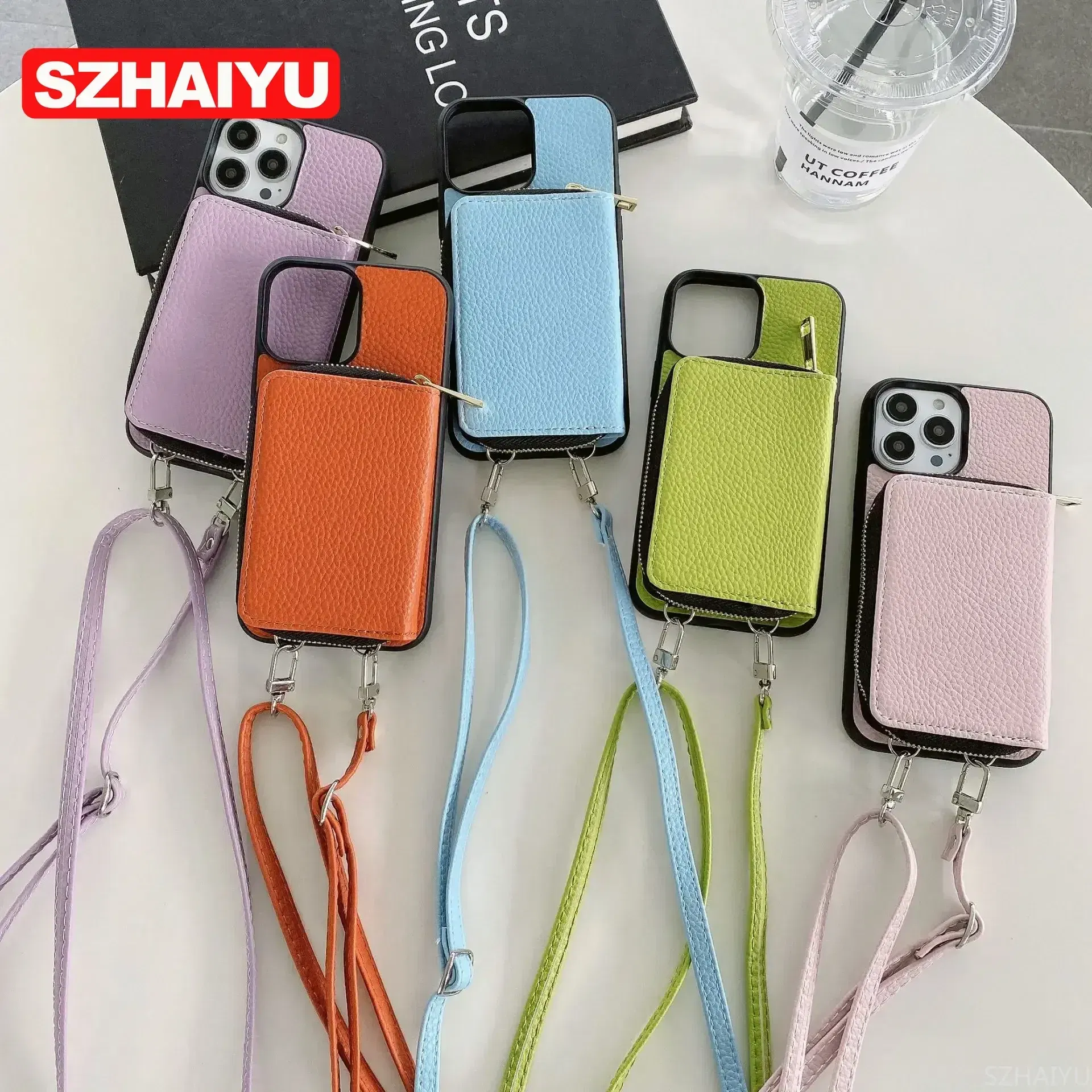 Material: PP, Color: Gold - Zipper Wallet Phone Case For iPhone 16 15 14 13 12 Mini 11 Pro XS Max X Plus Card Slot Holder Crossbody Lanyard Leather Cover