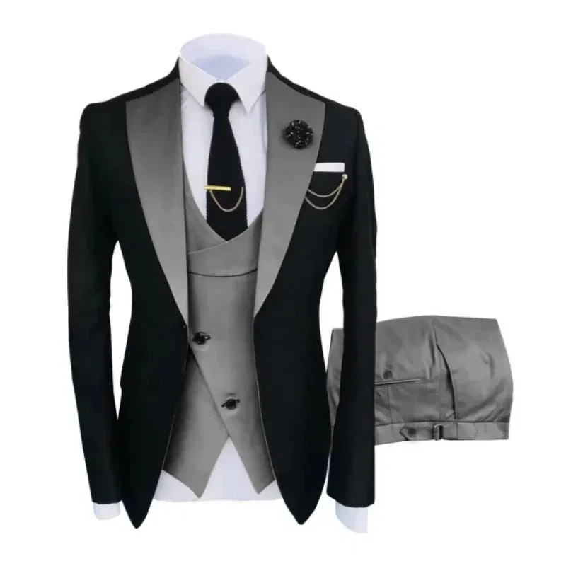 Color: Beige, Size: XS - Men Suits 3 Pieces Tailored Best Man Groom Wedding Tuxedo Slim Fit Jacquard Two-color Blazer Jacket Vest Pants Tuxedo Clothing
