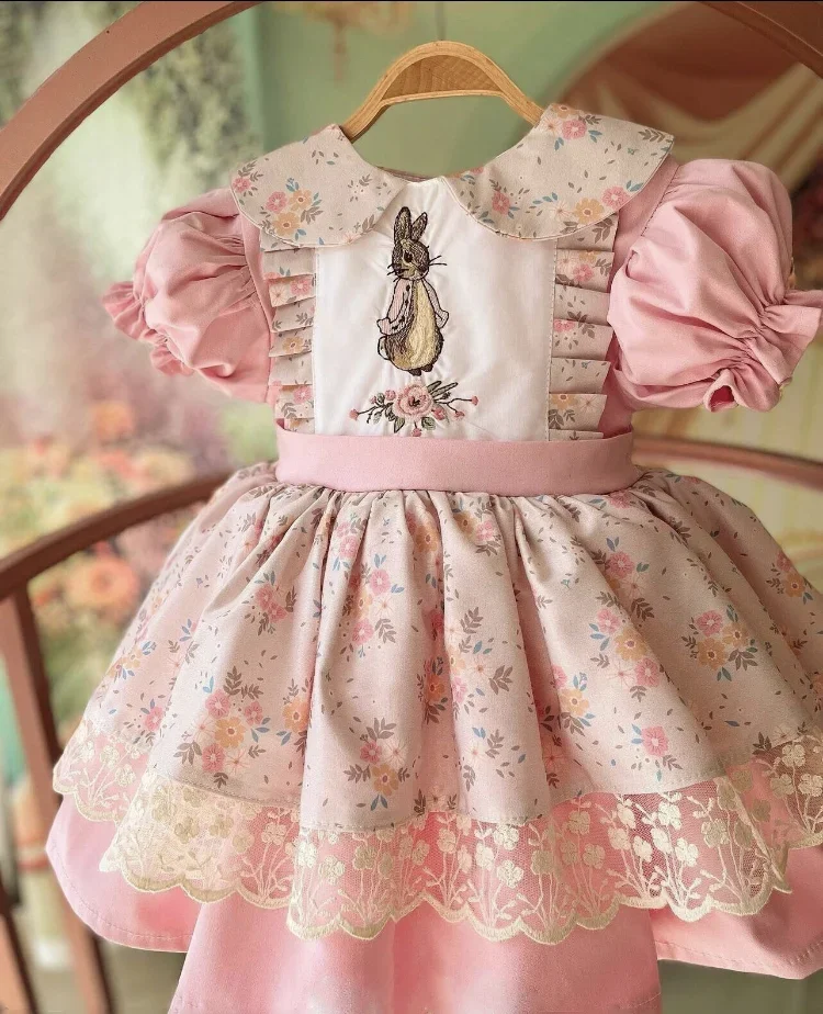 Color: Blue, Kid Size: 7T - 0-12Y Girl Summer Rabbit Embroidery Floral Turkish Vintage Princess Pink Dress for Easter Eid Birthday Photography B178