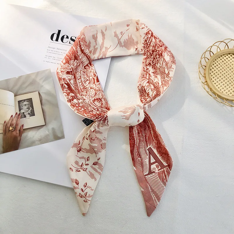 Color: Beige - Sketch Style 26 Letters Temperament Small Scarf Long Silk Scarf Hair Band Narrow Headband Hair Tie Bag Handle Hair Accessories