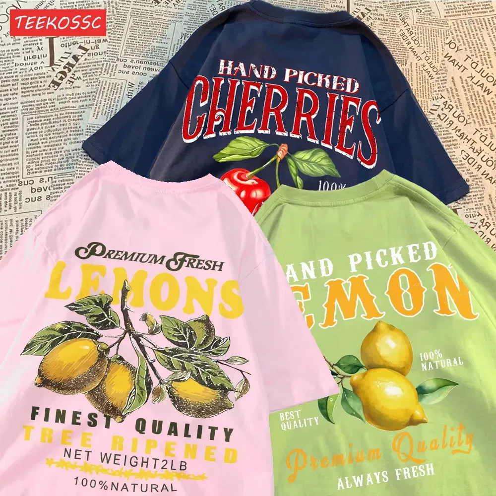 Color: milky, Size: XL - Summer Lemon Cherries Prints T-Shirts Cotton Women's Tops Oversize O-Neck Soft Short Sleeve tees Street Casual Womans Clothes