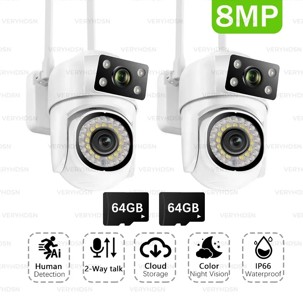 Sensor Size: 1/2.7", Plug Type: AU Plug, - 4K 8MP FHD WIFI Camera Smart PTZ Dual Lens Dual Screen Surveillance Camera Full Color Night Vision Auto Tracking Outdoor 8x Zoom