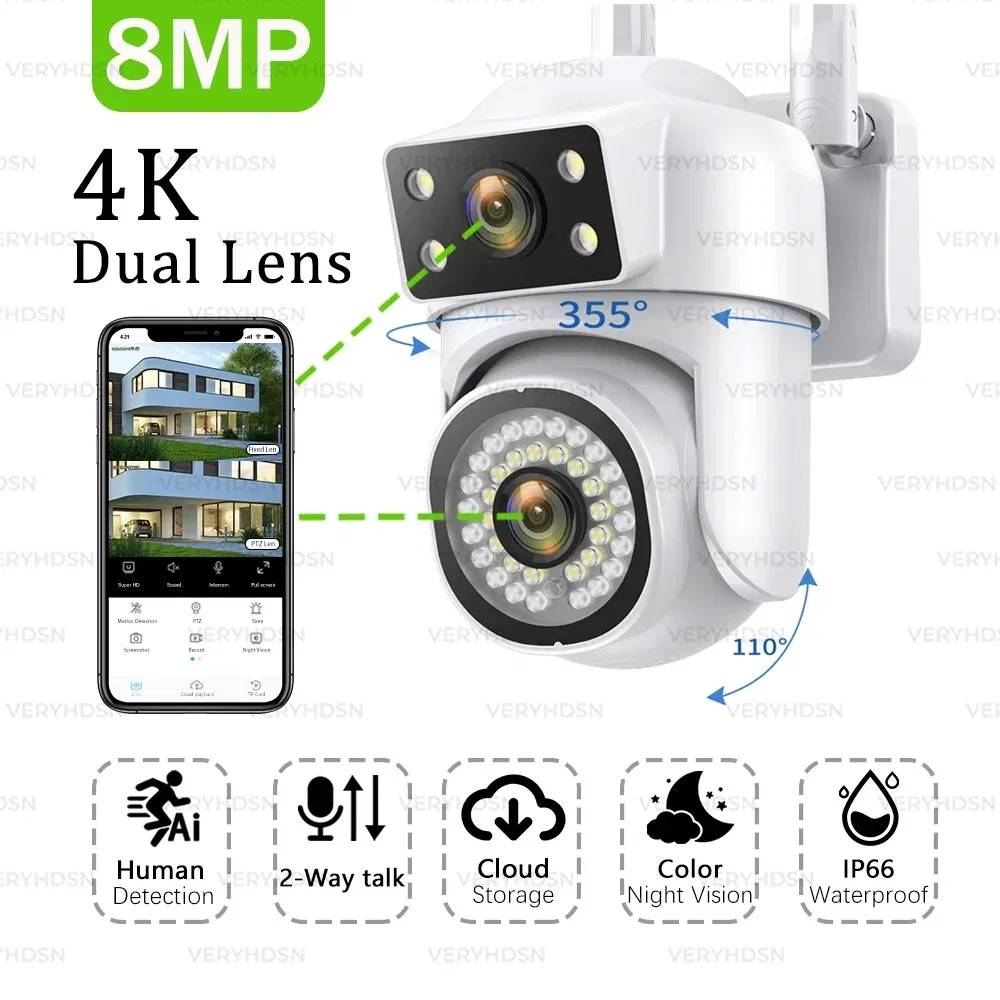 Sensor Size: 1/2.7", Plug Type: AU Plug, - 4K 8MP FHD WIFI Camera Smart PTZ Dual Lens Dual Screen Surveillance Camera Full Color Night Vision Auto Tracking Outdoor 8x Zoom