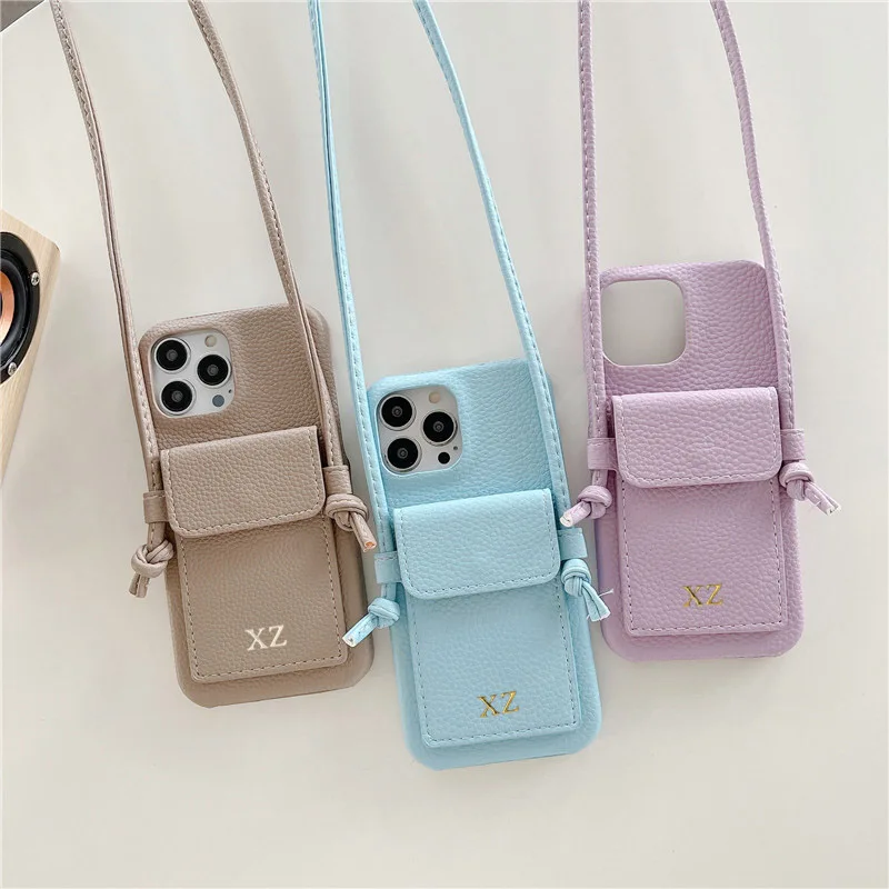 Color: Brown, Material: PP - Personalized Gold Silver Letters Leather PU Card Holder Lanyard Hard Case For iPhone 14 13 12 11 15 Pro Max XS XR 16  Plus Cover