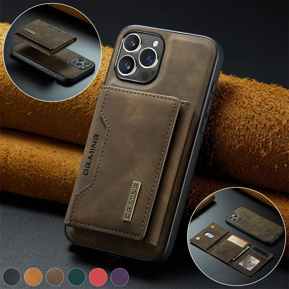 Color: black, Material: Acrylic - 2 In 1 Case For iPhone 16 15 14 13 12 11 Pro Max Plus XS Max XR 8 Plus SE 2022 Wallet Magnetic Leather Card Holder Pocket Cover