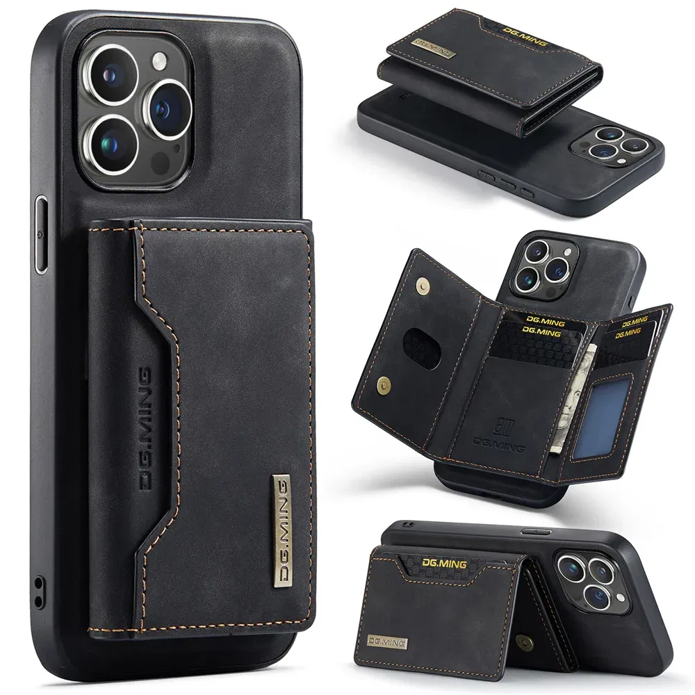 Color: black, Material: Acrylic - 2 In 1 Case For iPhone 16 15 14 13 12 11 Pro Max Plus XS Max XR 8 Plus SE 2022 Wallet Magnetic Leather Card Holder Pocket Cover