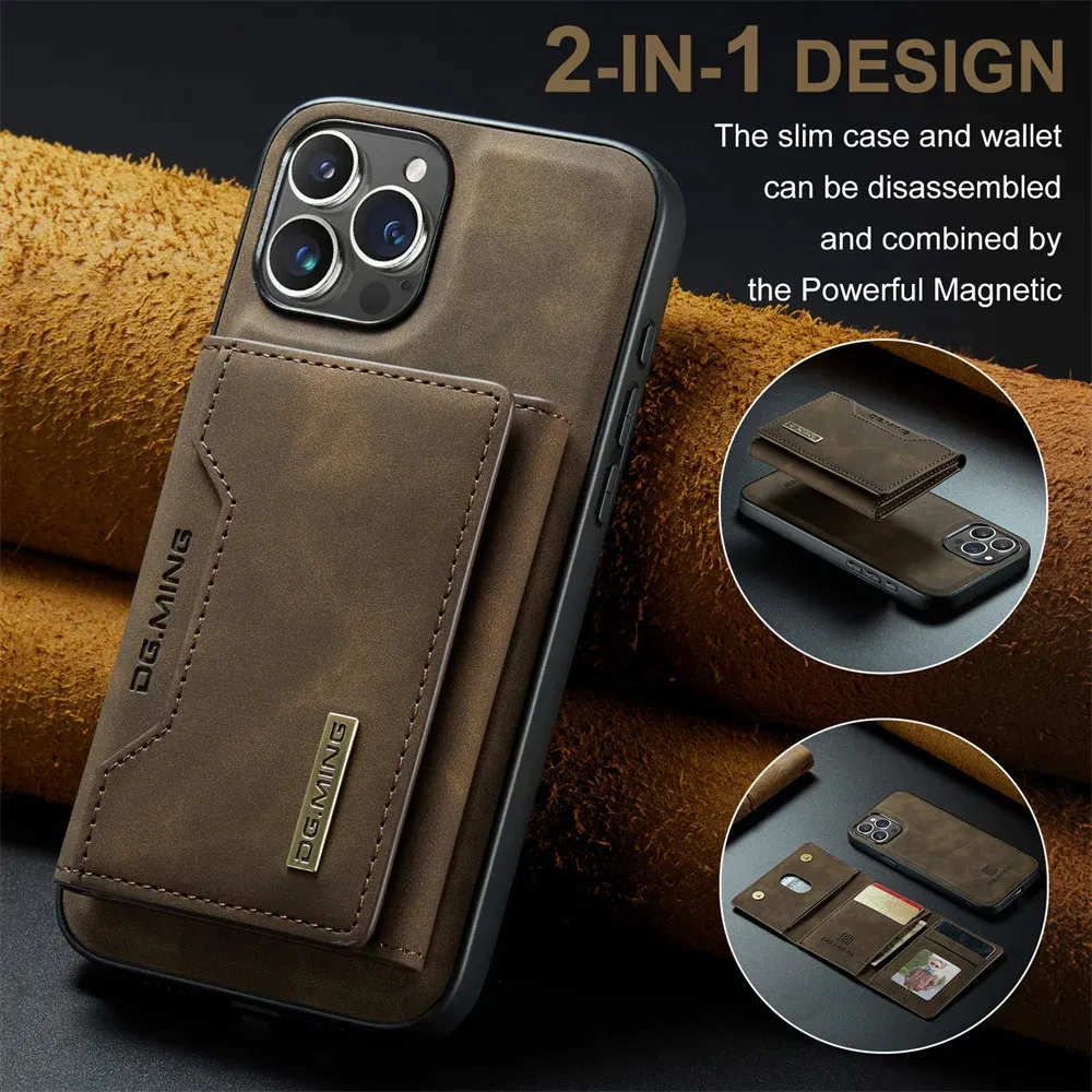 Color: black, Material: Acrylic - 2 In 1 Case For iPhone 16 15 14 13 12 11 Pro Max Plus XS Max XR 8 Plus SE 2022 Wallet Magnetic Leather Card Holder Pocket Cover