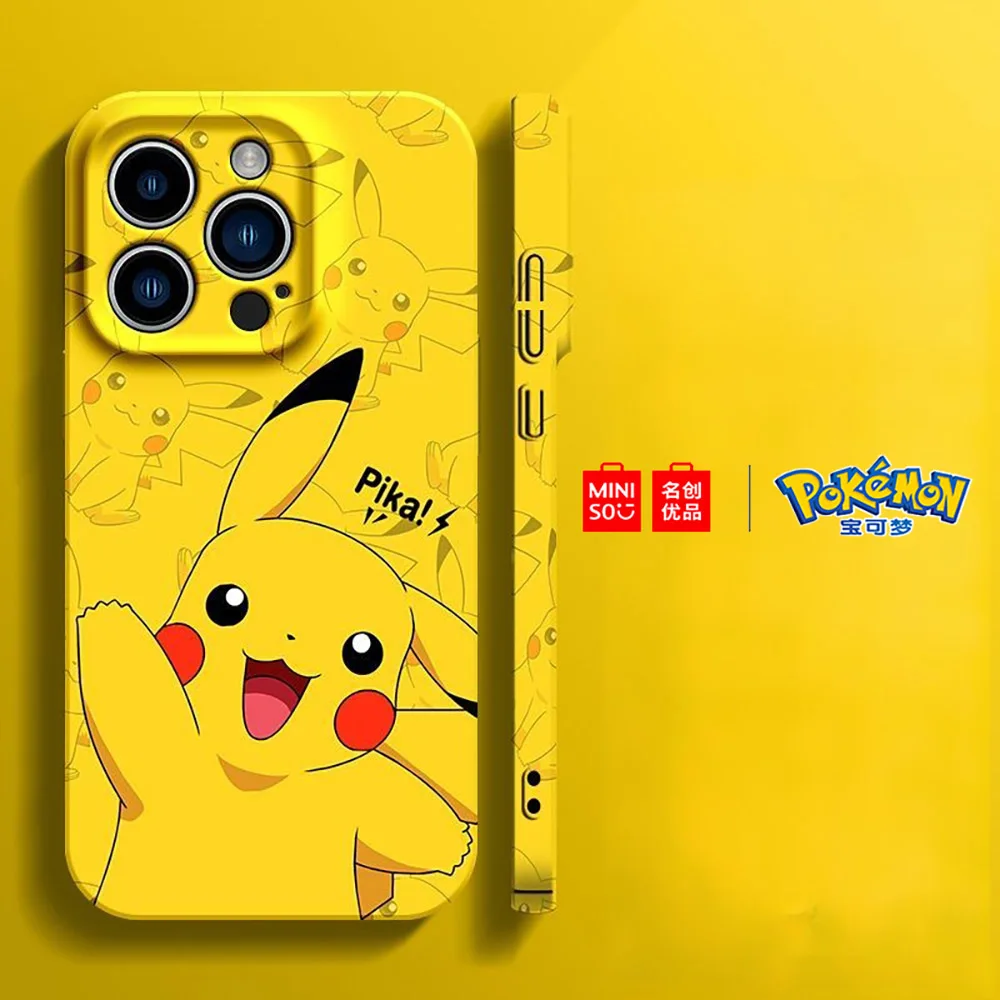 Color: Purple Pink, Material: Genuine leather - Miniso Pokemon Collaboration Pikachu Gengar Phone Case For iPhone 15 14 13 11 12 16 Pro Max Plus X XR Girl Silicone Phone Case