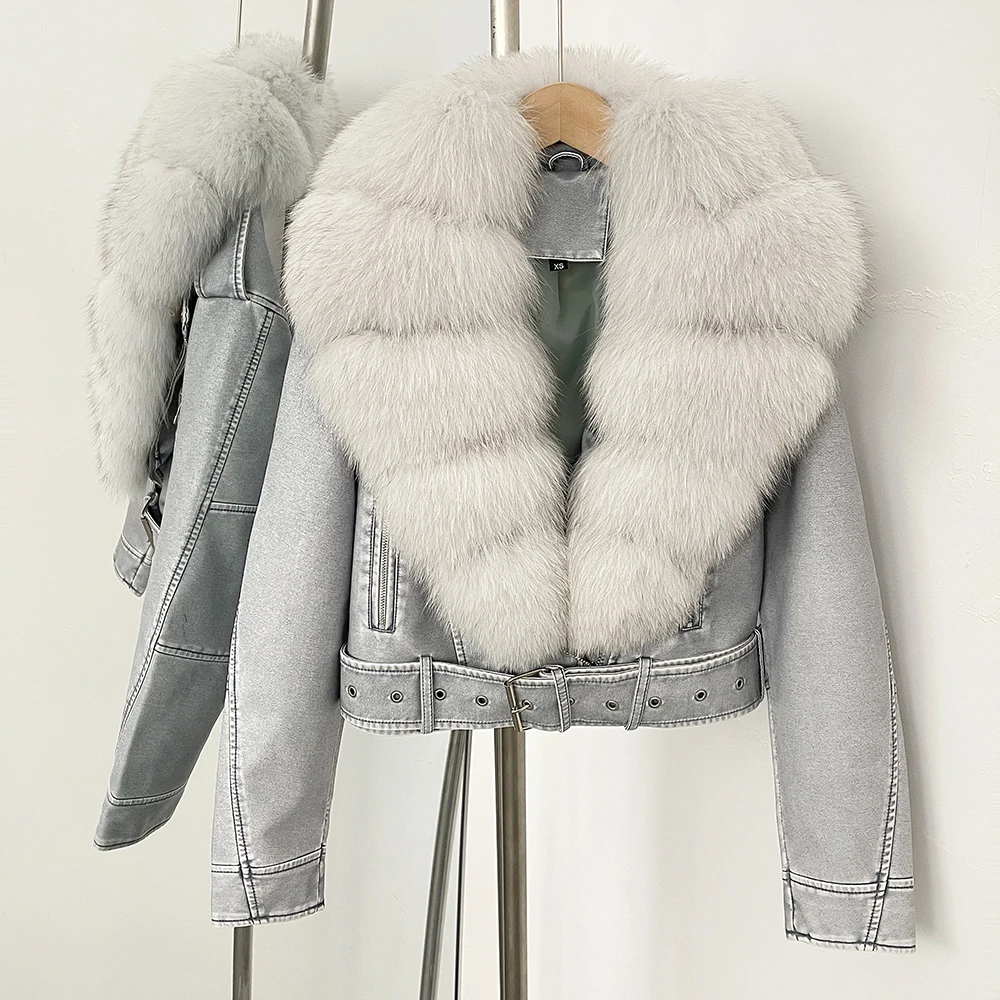 Color: Silver, Size: XS - Fake Leather Coat New Natural Fox Fur Autumn Short Faux Leather Jacket Female Spring PU Women Long Sleeve Real Fur Coat Thin