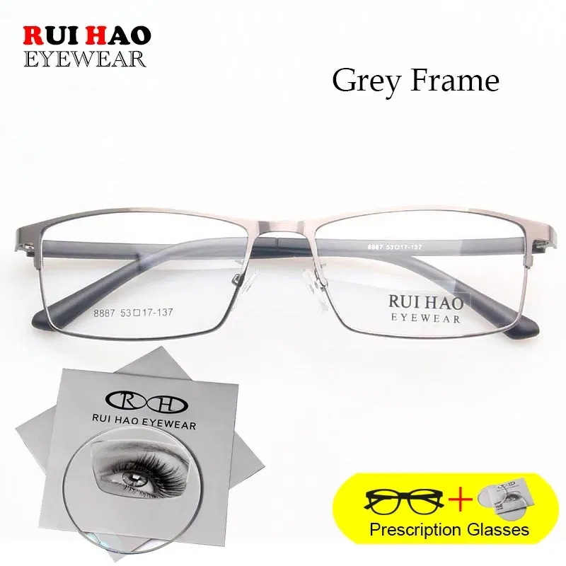 Frame Color: GRAY, Lens Function: Anti Blue Ray, Lens Index: 1.61, Prescription Type: Single Version - Rui Hao Eyewear Prescription Glasses Rectangle Leisure Customize Spectacles Full Rimless Eyeglasses Fill Recipe Lenses 8887