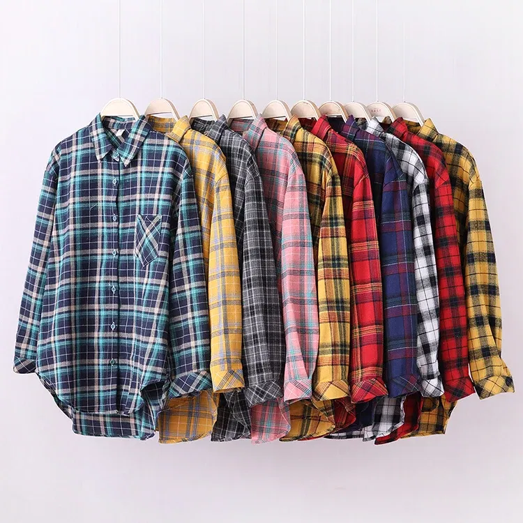 Color: Dark Grey, Size: XL - Fresh Flannel Plaid Shirt Women 2024 New Female Blouses and Tops Cotton Loose Long Sleeve Casual Shirts Fine Women's Clothes