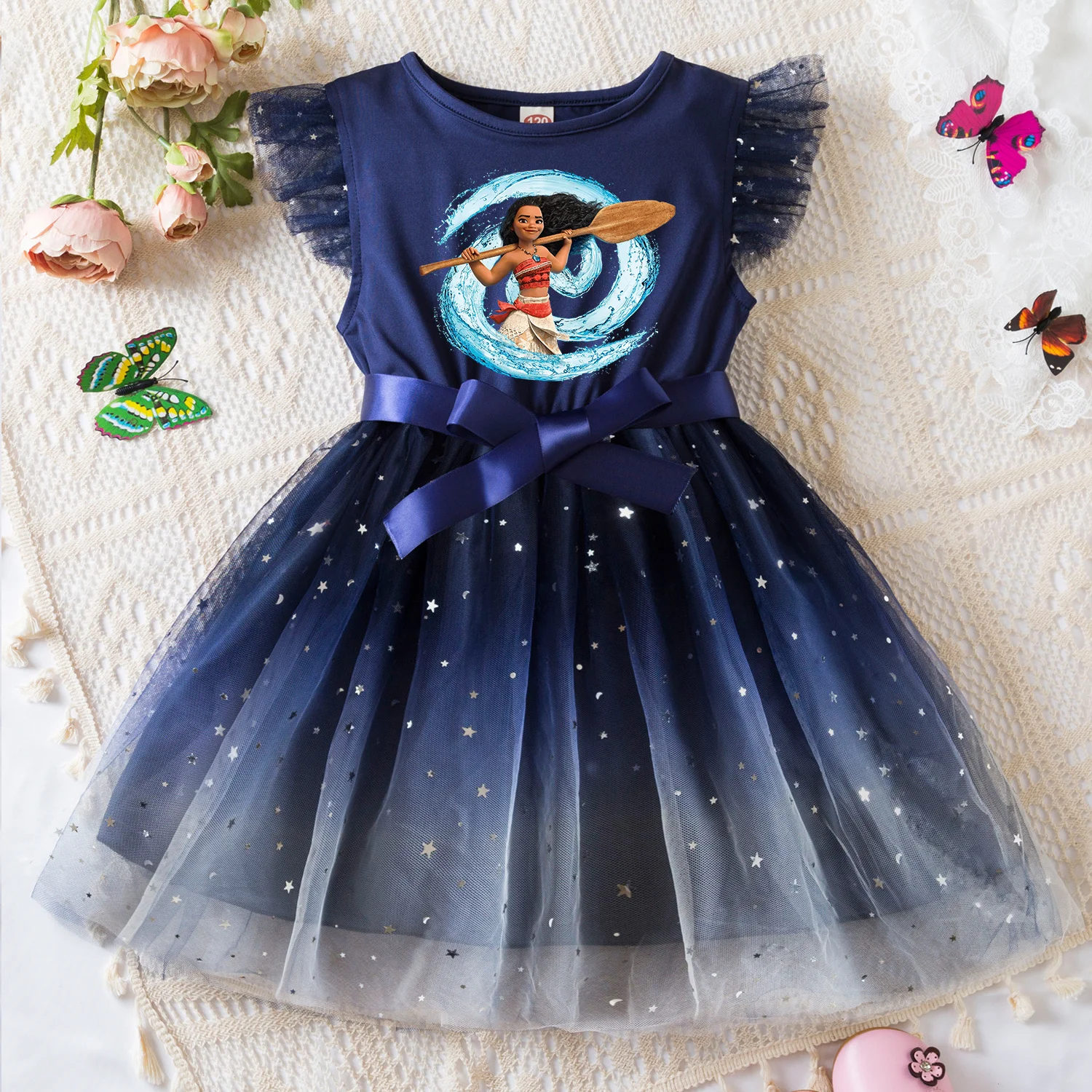 Color: GRAY, Size: XL - Moana Summer Toddler Girl Dress Princess Star Baby Girls Clothes Tulle Tutu Dress for Children Party Dress 2-6Y