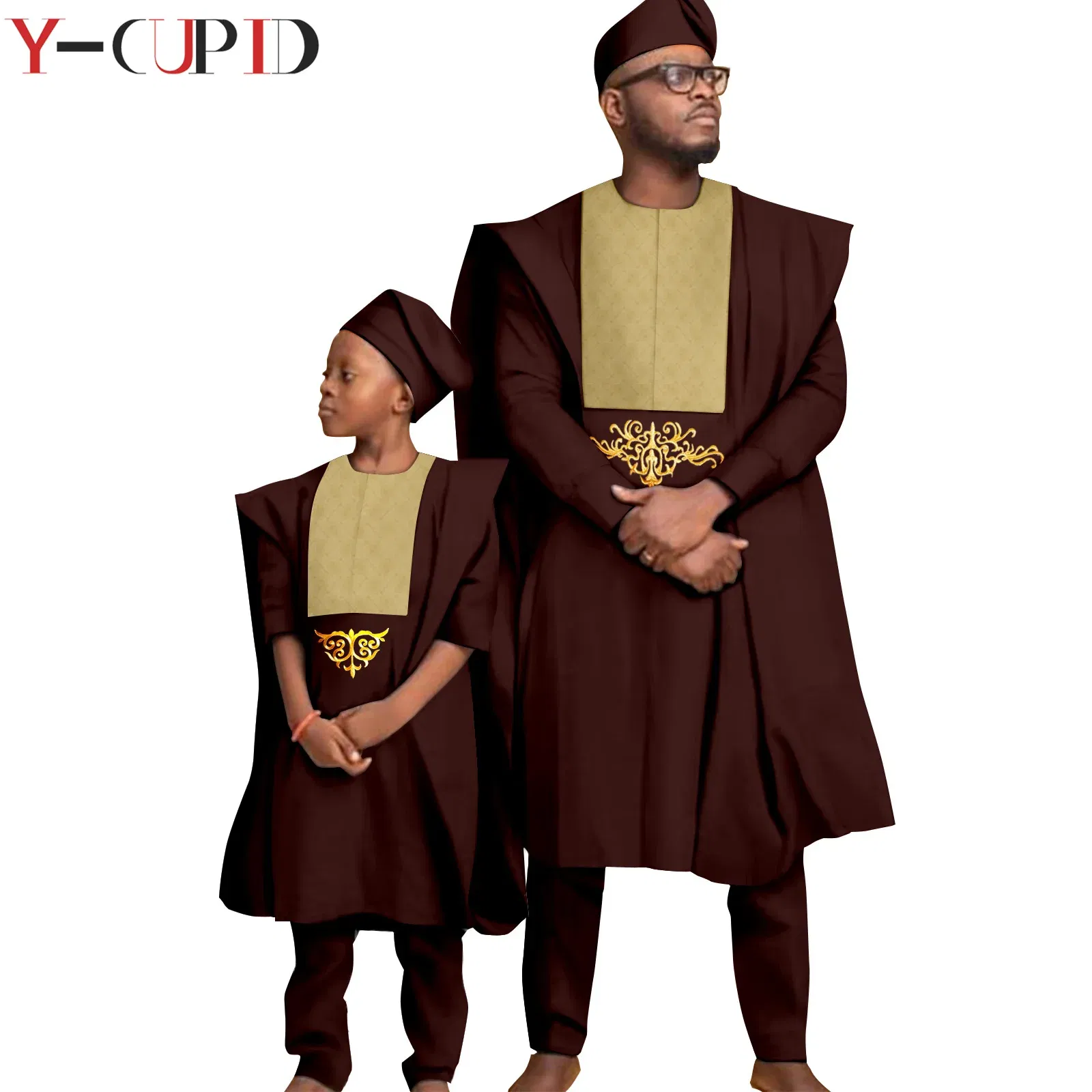 Color: Khaki, Size: XS - African Clothes for Men Top Pants Robes Hat Sets Match Kid Boy Sets Dashiki Father and Son Bazin Riche Family Outfits Y20F001