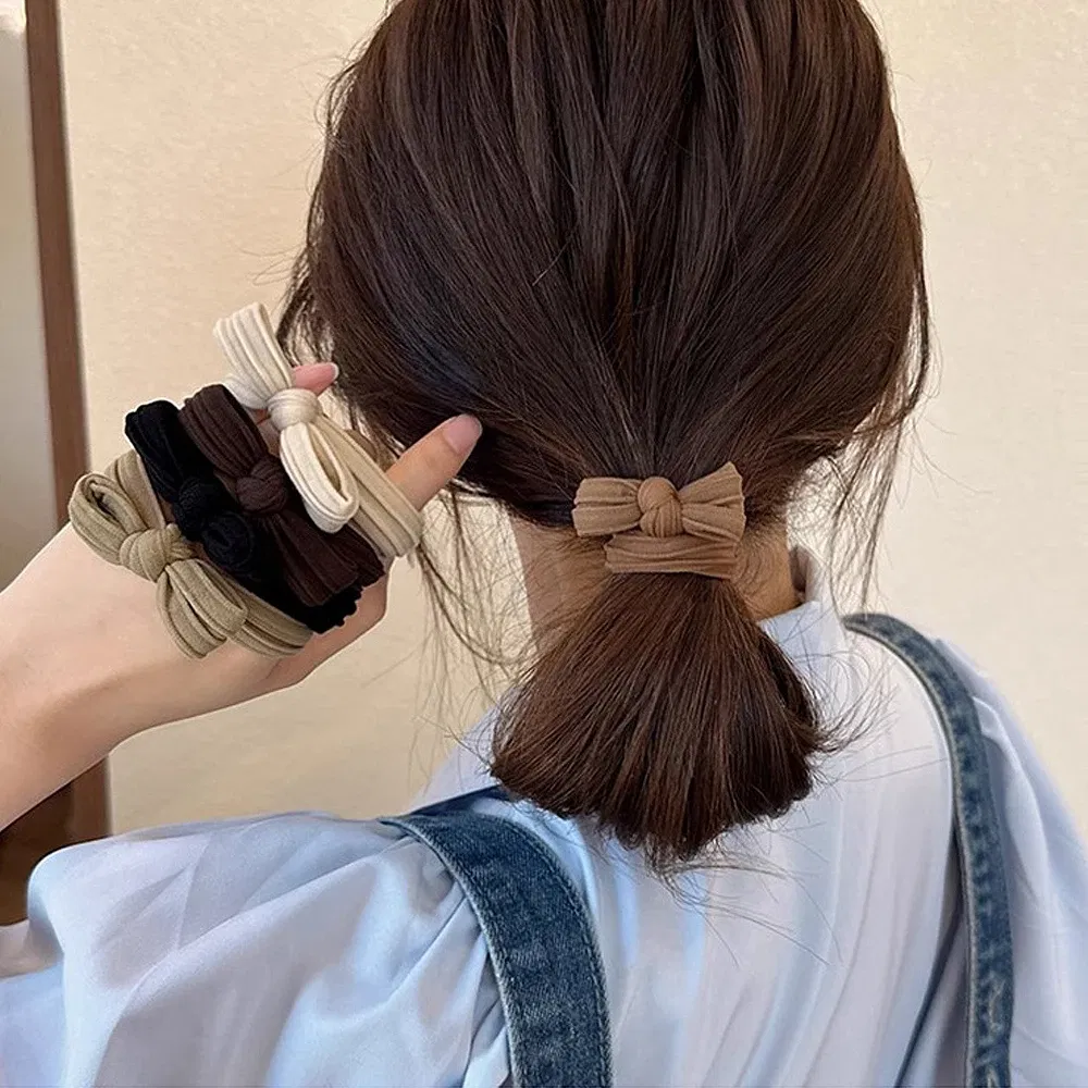 Color: Red - 5pcs/Set Candy Color Bow Hair Rope High Elastic Seamless Rubber Band For Women Girls Ponytail Holder Summer BB Hair Ties Ring