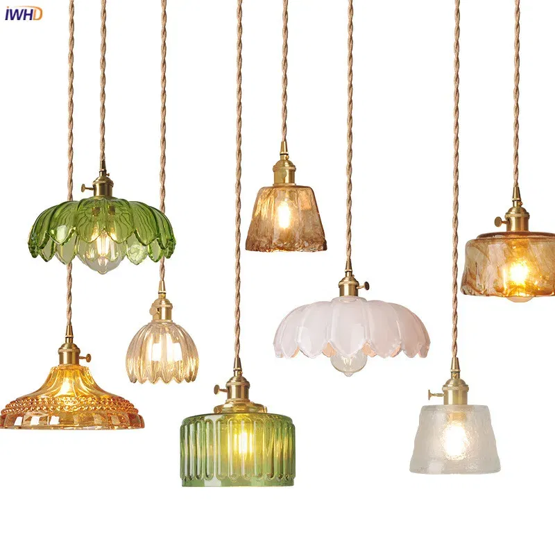Body Color: Army Green, Wattage: 0-5W - IWHD Modern Copper Glass LED Pendant Lamp Switch Living Room Bedroom Green Amber White Nordic Hanging Lights Luminaria Hanglamp