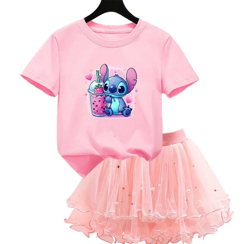 Color: army green, Kid Size: 4 - 2pcs Lilo Stitch Summer Girls Outfits Cartoon T-shirt and Tutu Skirt Princess Clothes Suit Children Birthday Clothing Sets