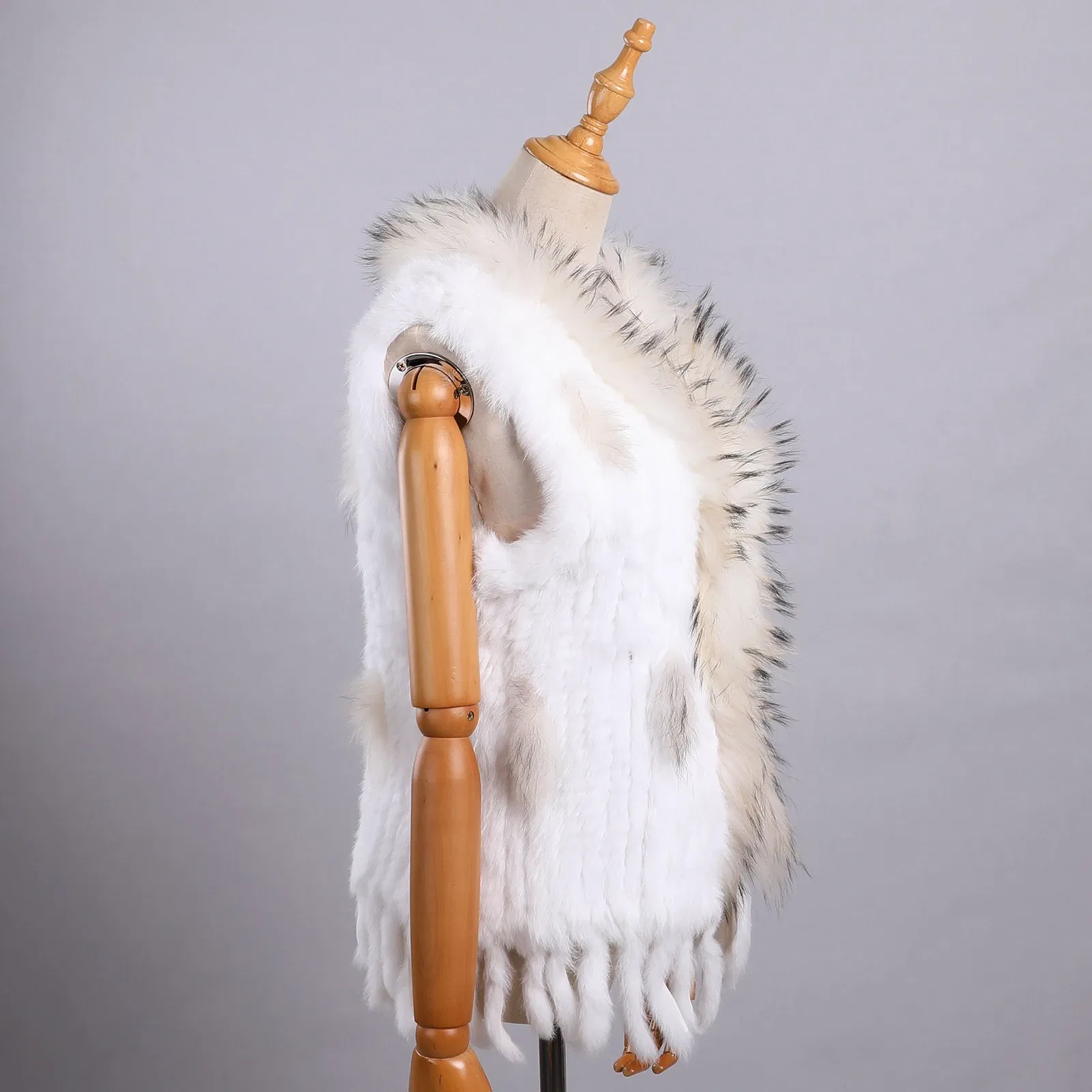 Color: Gold, Size: L - Luxury Women's Genuine Premium Long Hair Rabbit Fur Knit Vest Raccoon Fur Trim Gilet Lady Sleeveless Waistcoat Real Fur Jacket