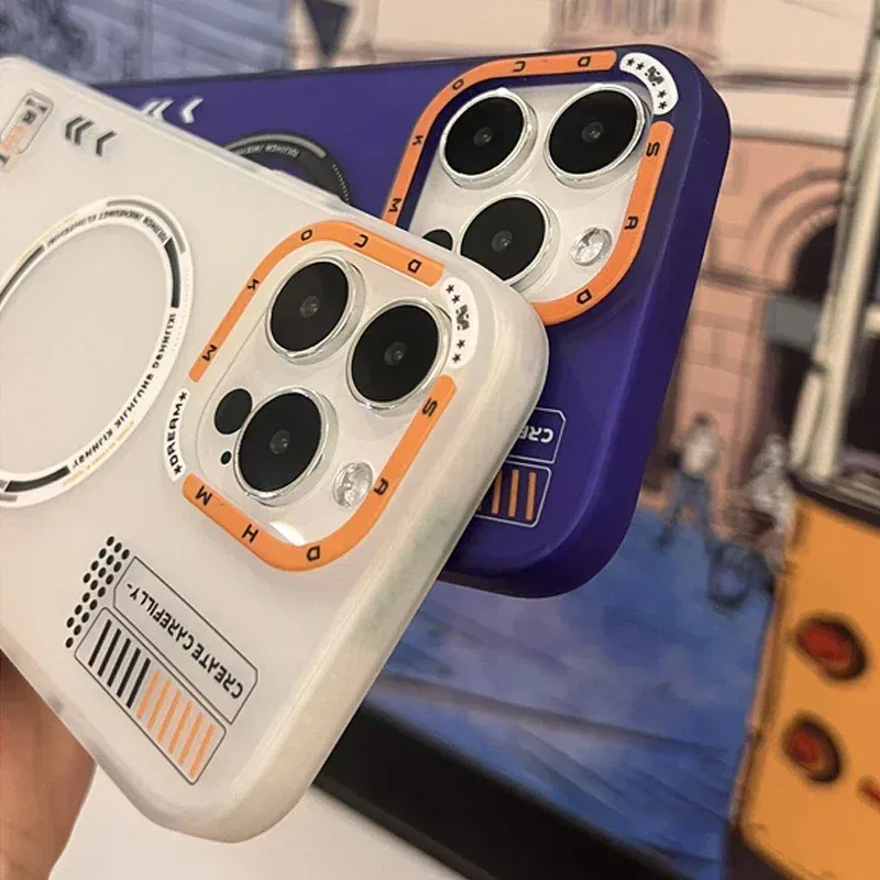 Color: Brown, Material: Neoprene - Matte Magnetic Phone Case For iPhone 12 13 14 15 16 Pro Max Megsafe Wireless Charge Frosted Back Metal Lens Frame Buttons Cover