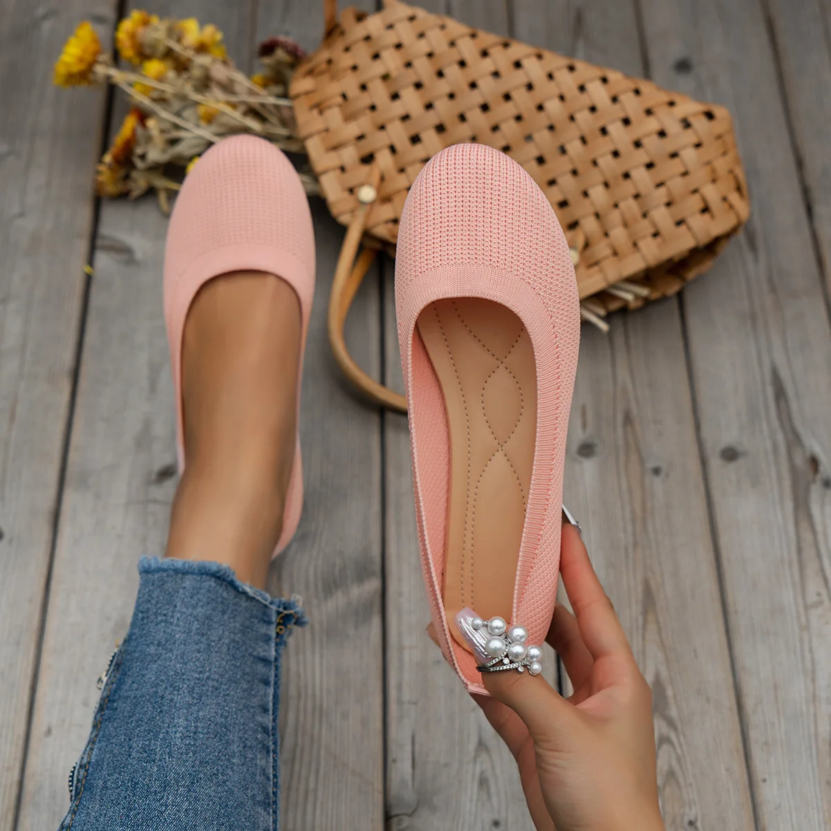 Color: Pink, Shoe Size: 37 - Elastic Knitting Flats Slip on Shoes for Women 2024 Summer Breathable Soft Loafers Woman Lightweight Casual Shoes Mom Moccasins