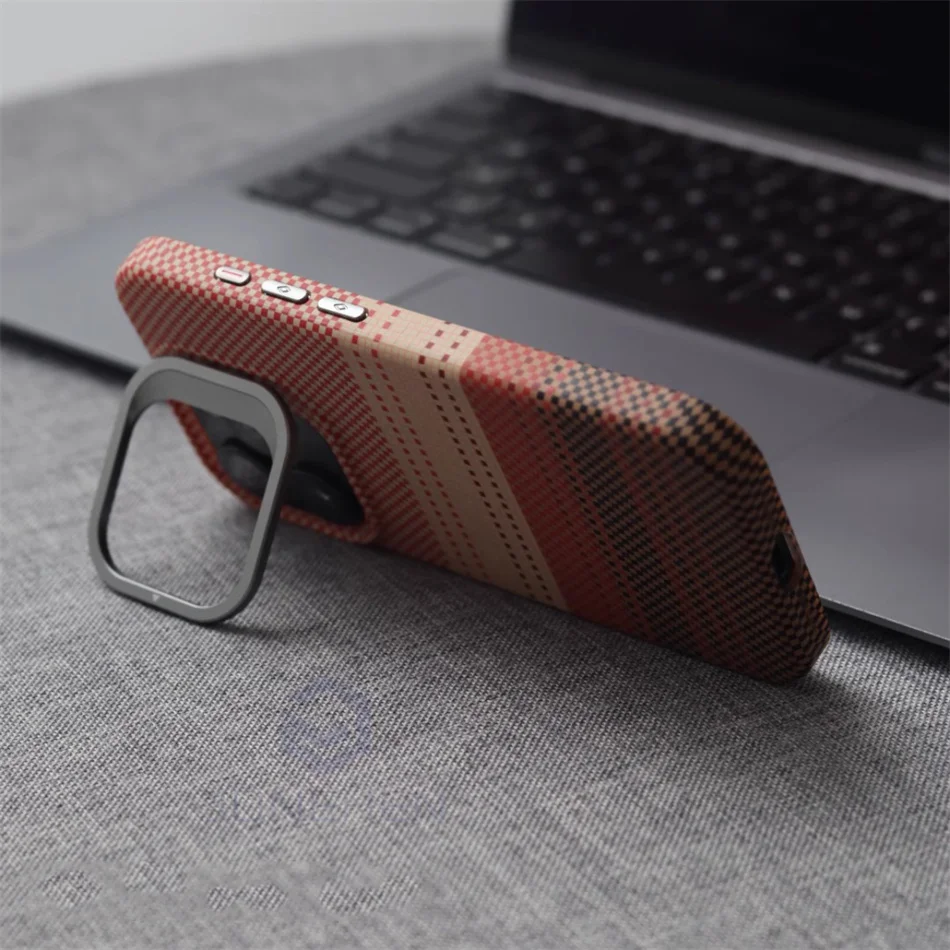 Color: Brown, Material: Plastic - Luxury Magnetic Stand Metal Lens Relief Carbon Fibre Pattern For Magsafe Case For iPhone 15 14 13 Pro Max Shockproof Back Cover