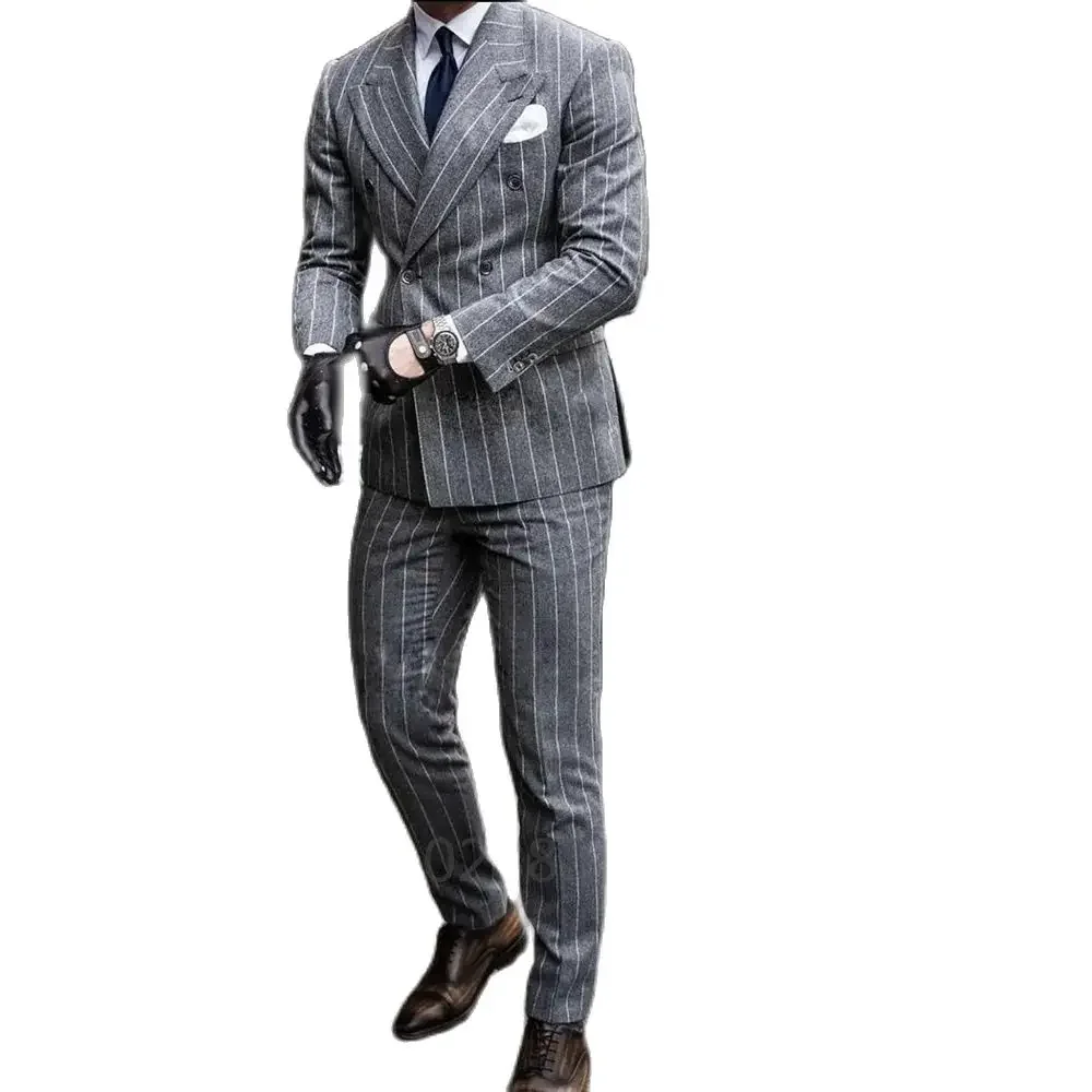 Color: GRAY, Size: XXXL - 2 Pieces Classic Men's Suit Formal Striped Wedding Suit Business Groom Prom Fashion Double Breasted Casual Slim Fit Blazer Pants