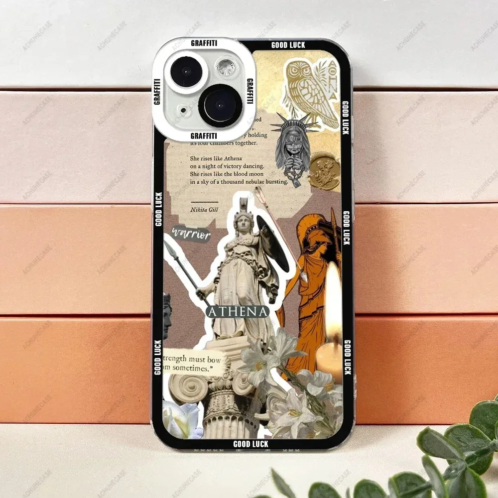 Color: Brown, Material: PC + TPU - Aesthetic Statue Art Phone Case For iPhone 16 15 14 13 12 11 Pro Max XS X XR Plus Mini Luxury Transparent Soft Funda