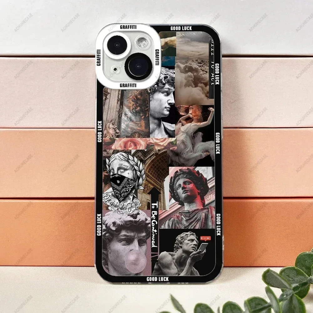 Color: Brown, Material: PC + TPU - Aesthetic Statue Art Phone Case For iPhone 16 15 14 13 12 11 Pro Max XS X XR Plus Mini Luxury Transparent Soft Funda
