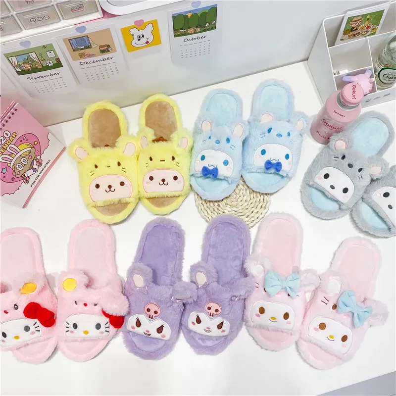 Color: Sky blue, Shoe Size: 36 - Japanese Anime Slippers Cartoon Open Toe Sweet Girly Indoor Home Plush Shoes Flat Non-slip Casual Girl Spring Autumn Kawaii