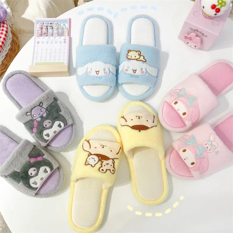 Color: Sky blue, Shoe Size: 36 - Japanese Anime Slippers Cartoon Open Toe Sweet Girly Indoor Home Plush Shoes Flat Non-slip Casual Girl Spring Autumn Kawaii