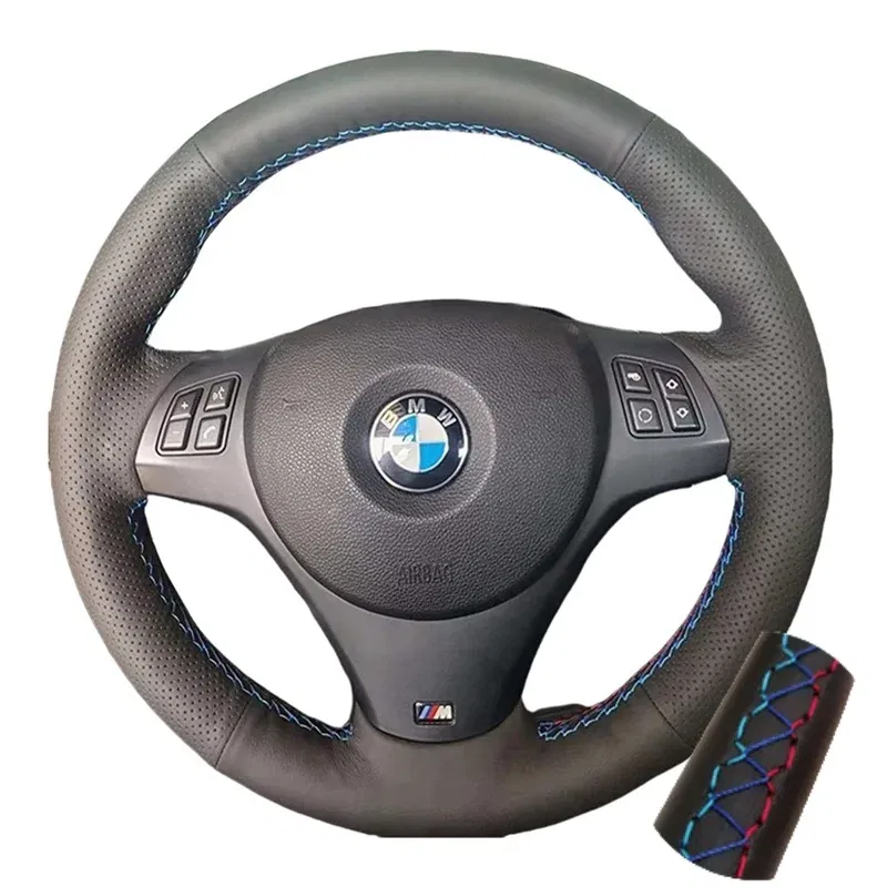 Color Name: Dark Grey - Full Black Leather Car Steering Wheel Braid Soft Leather Cover For BMW E81 E90 Pack M Sport M3 E91 E92 E93 E87 E82 E88 X1 E84
