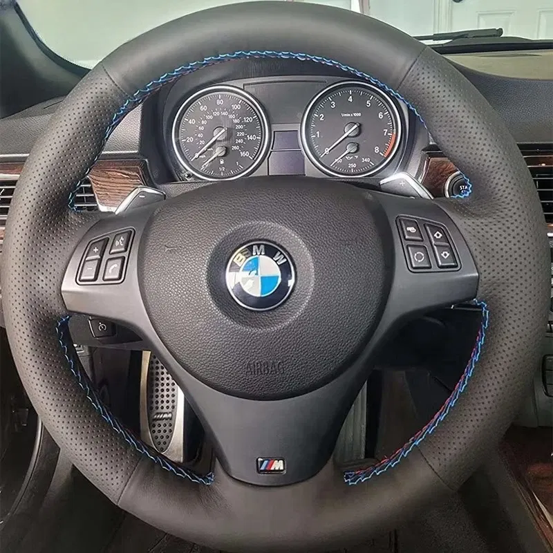Color Name: Dark Grey - Full Black Leather Car Steering Wheel Braid Soft Leather Cover For BMW E81 E90 Pack M Sport M3 E91 E92 E93 E87 E82 E88 X1 E84