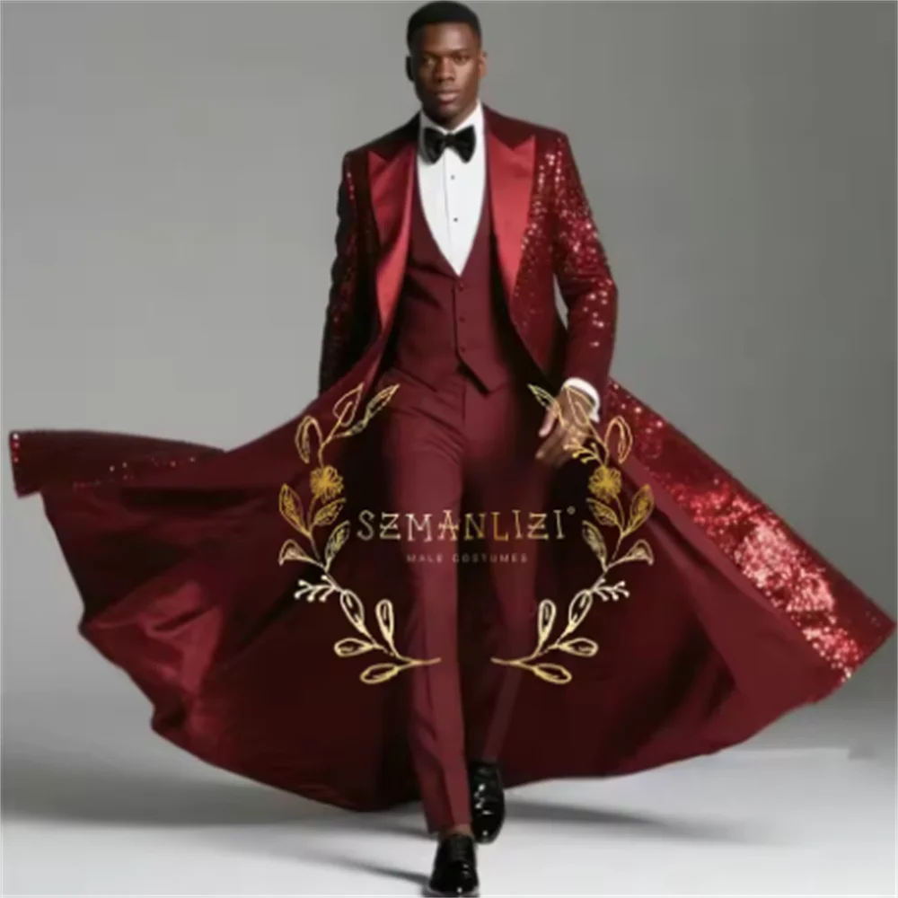 Color: black, Size: L - Burgundy Shiny Sequin Suits Men 3 Pieces Sets Single Breasted Groom Long Blazer Costume Homme Wedding Tuxedo Male Clothing