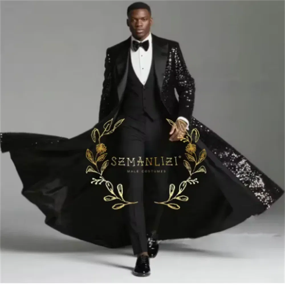 Color: black, Size: L - Burgundy Shiny Sequin Suits Men 3 Pieces Sets Single Breasted Groom Long Blazer Costume Homme Wedding Tuxedo Male Clothing