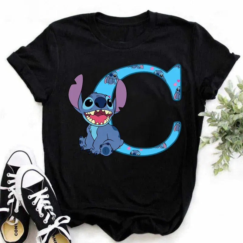 Color: Beige, Size: XXL - Disney Lilo&Stitch A-Z Alphabet Summer Women's Printed T-Shirt Women's Casual Tops T-Shirt Fashion Cartoon Plus Size T-Shirt