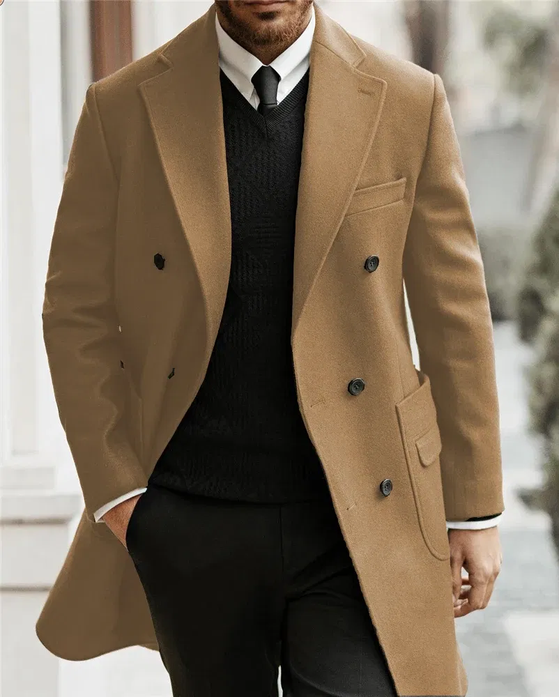 Color: Brown, Size: XXS - Classic Man Trench Coat Customized Notched Lapel Full Man Terno Double Breasted Elegant Gentleman Long Coat Men's Winter Jacket