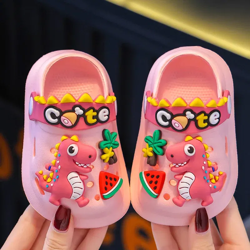 Color: black, Shoe Size: 2.5 - Summer Childrens Slippers Hole Kids Sandals Soft Anti-Skid Cartoon Dinosaur DIY Design Indoor Anti-Slip Boys Girls Beach Shoes
