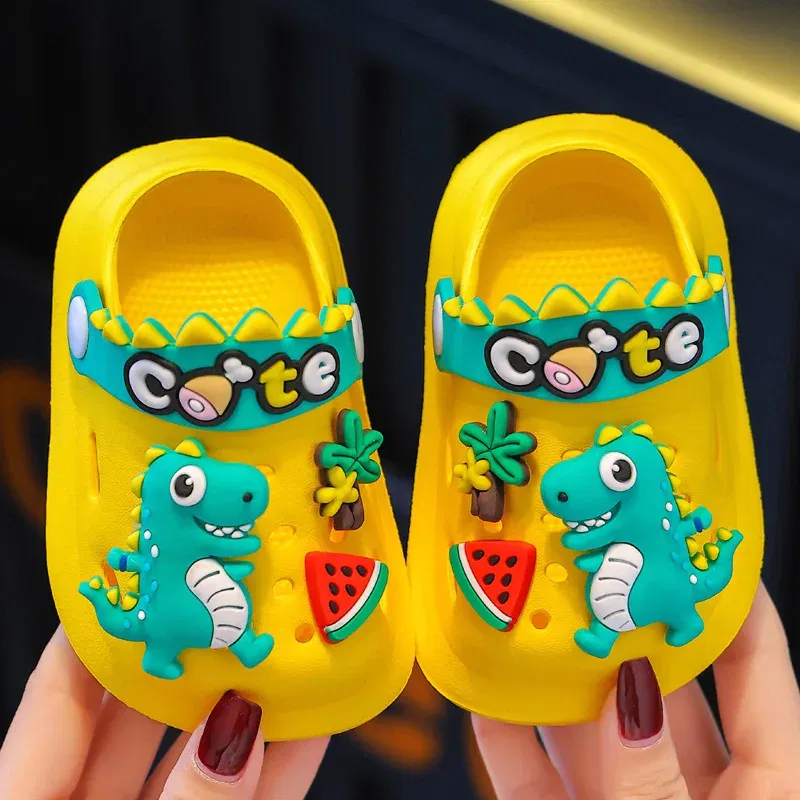 Color: black, Shoe Size: 2.5 - Summer Childrens Slippers Hole Kids Sandals Soft Anti-Skid Cartoon Dinosaur DIY Design Indoor Anti-Slip Boys Girls Beach Shoes
