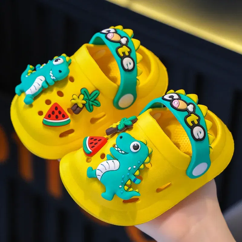 Color: black, Shoe Size: 2.5 - Summer Childrens Slippers Hole Kids Sandals Soft Anti-Skid Cartoon Dinosaur DIY Design Indoor Anti-Slip Boys Girls Beach Shoes