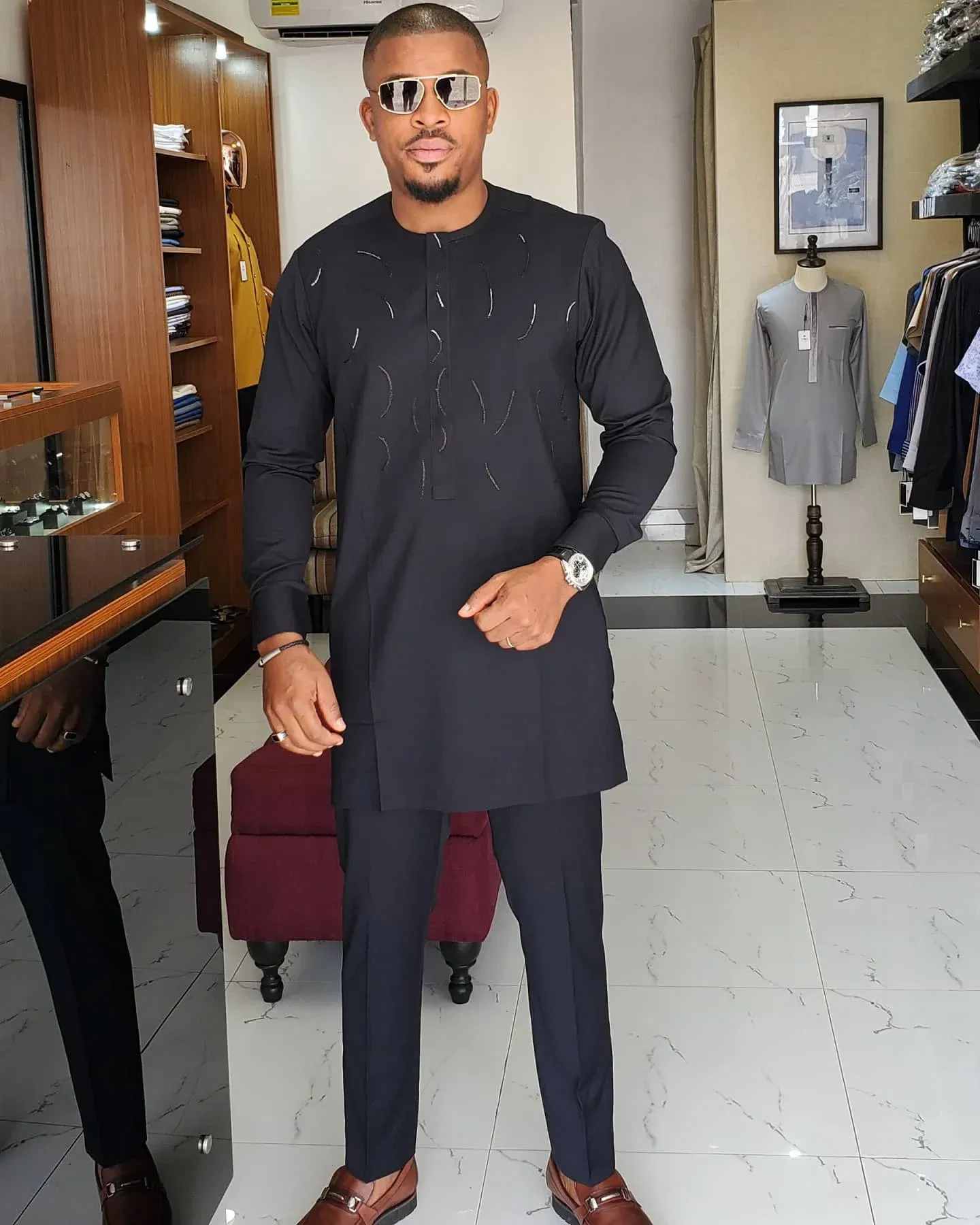 Color: Orange, Size: XXXL - New Men's Tenos Wedding 2-Piece Suit Waist Pants Shirt Solid Color Panel Long Sleeve Party African Ethnic Style Clothing (M-4XL)