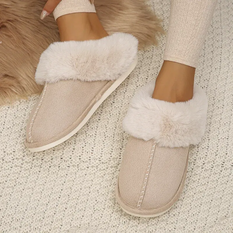 Color: Khaki, Shoe Size: 38 - Closed Toe Warm Cotton Slippers Women Faux Fur Thicken Plush Winter Home Shoes Woman Lightweight Casual Indoor Slides Female