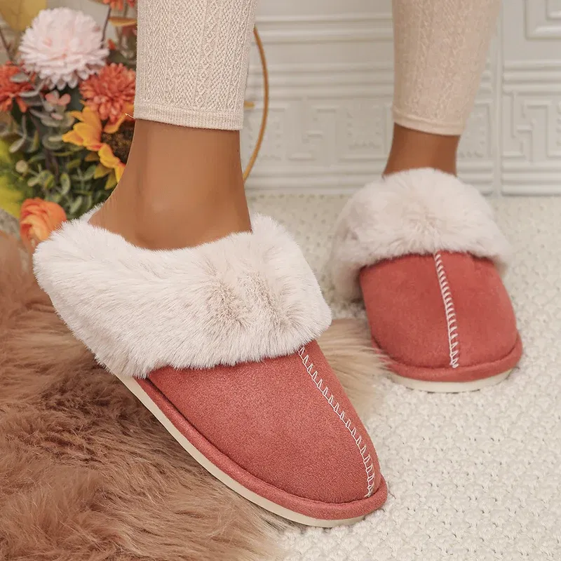 Color: Khaki, Shoe Size: 38 - Closed Toe Warm Cotton Slippers Women Faux Fur Thicken Plush Winter Home Shoes Woman Lightweight Casual Indoor Slides Female