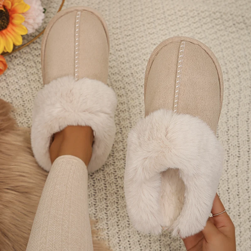 Color: Khaki, Shoe Size: 38 - Closed Toe Warm Cotton Slippers Women Faux Fur Thicken Plush Winter Home Shoes Woman Lightweight Casual Indoor Slides Female