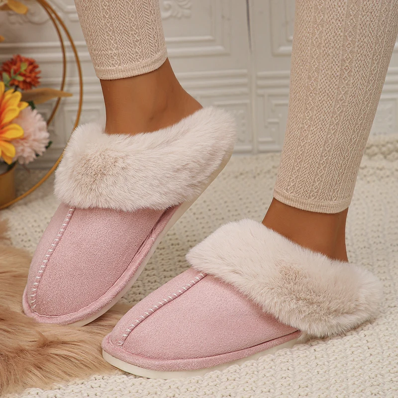Color: Khaki, Shoe Size: 38 - Closed Toe Warm Cotton Slippers Women Faux Fur Thicken Plush Winter Home Shoes Woman Lightweight Casual Indoor Slides Female