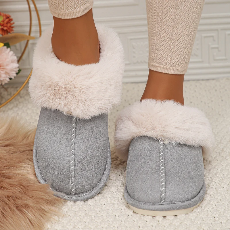 Color: Khaki, Shoe Size: 38 - Closed Toe Warm Cotton Slippers Women Faux Fur Thicken Plush Winter Home Shoes Woman Lightweight Casual Indoor Slides Female