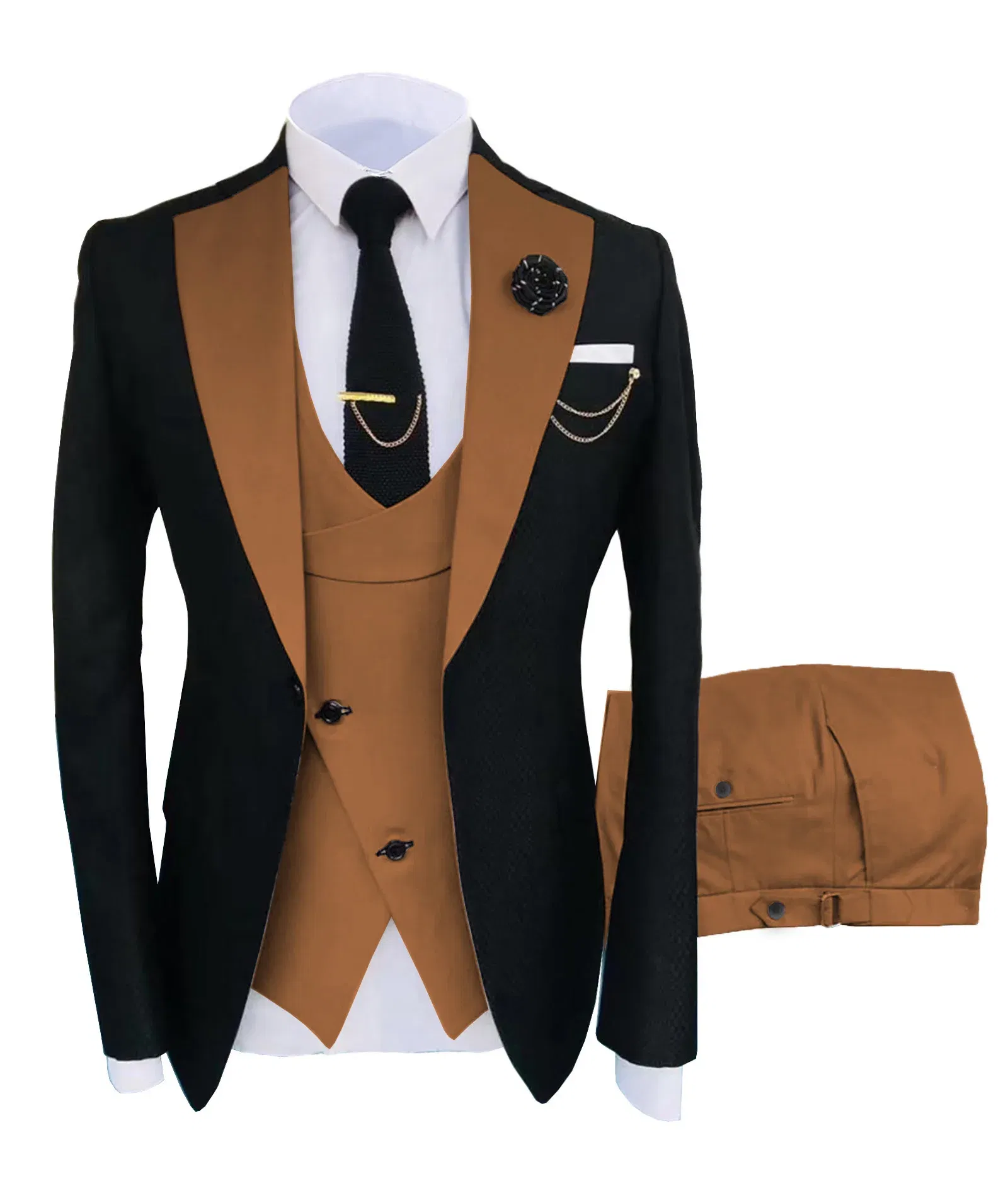 Color: Brown, Size: S - New Costume Homme Popular Clothing Luxury Party Stage Men's Suit Groomsmen Regular Fit Tuxedo 3 Peice Set Jacket+Trousers+Vest