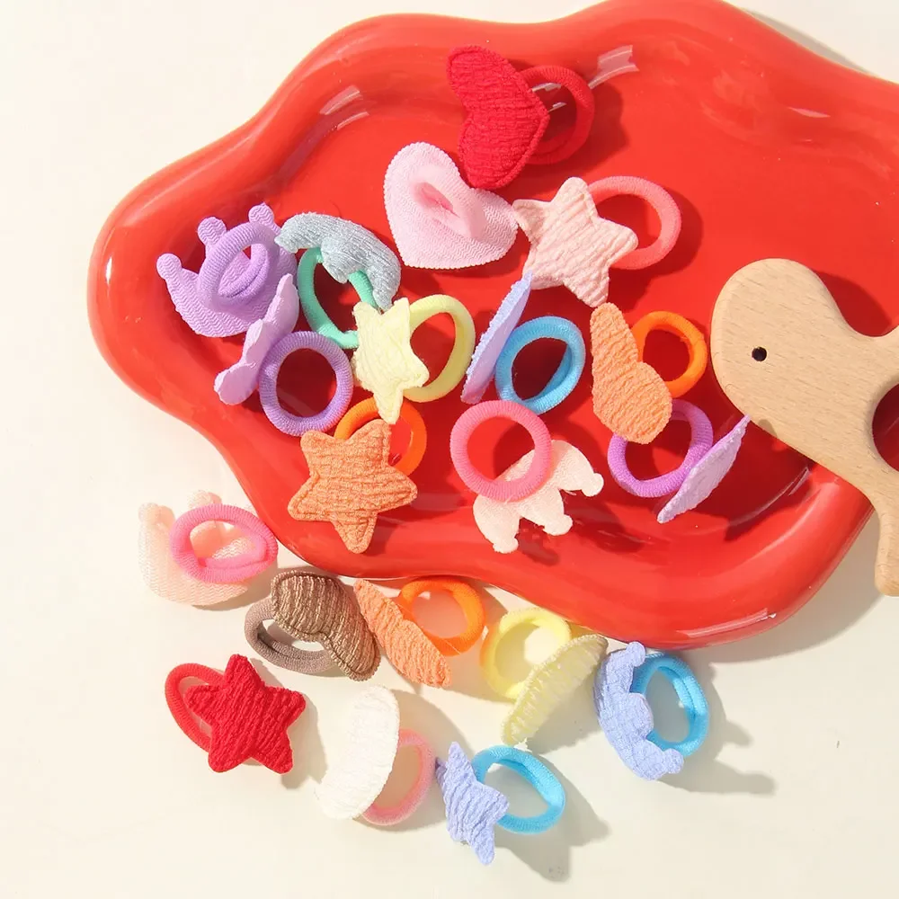 Color: ROSE RED - 10/30pcs girls star butterflies children's hairband harmless hair cute towels rope ponytail rack children's rubber band headwear