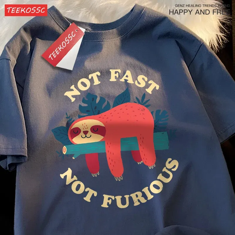 Color: WHITE, Size: XXL - Not Fast Not Furious Cute Sloth Male T Shirts Hip Hop Crewneck Short Sleeve Summer Cotton Tops Casual Sweat Oversized T-Shirts