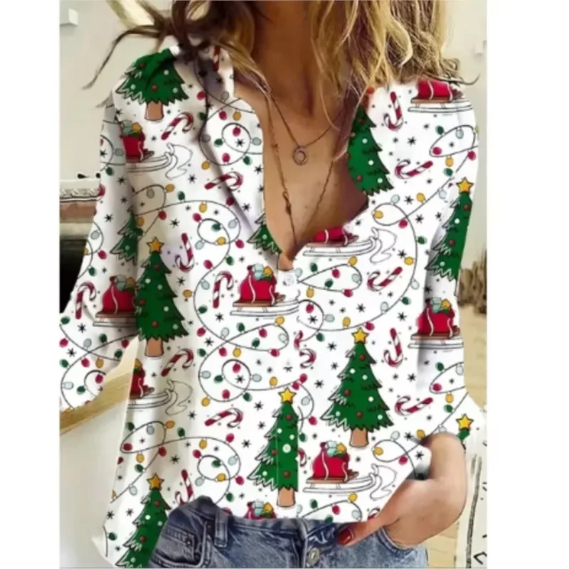 Color: Beige, Size: XXXL, Ships From: CHINA - Women New Christmas Shirt Cute Christmas Tree Santa Claus Print Blouses Casual Long Sleeve Button Tops Autumn Blouses Ladies