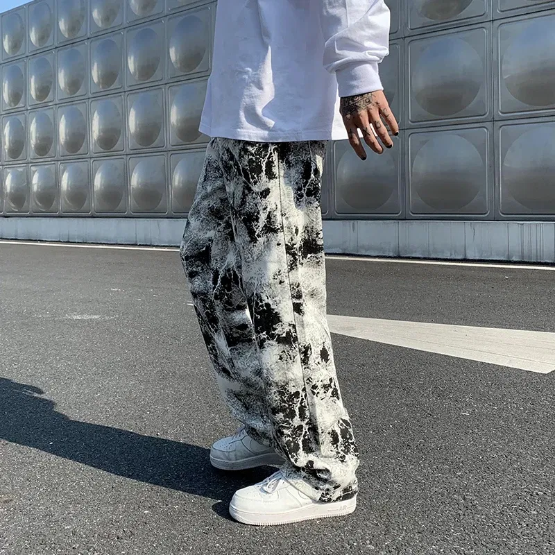 Color: black, Size: S - Printed jeans Unisex Elastic waist Spring 2025 Mopping Trousers Jeans Mens Fashion Korean Style High Street Loose Hip Hop Pants